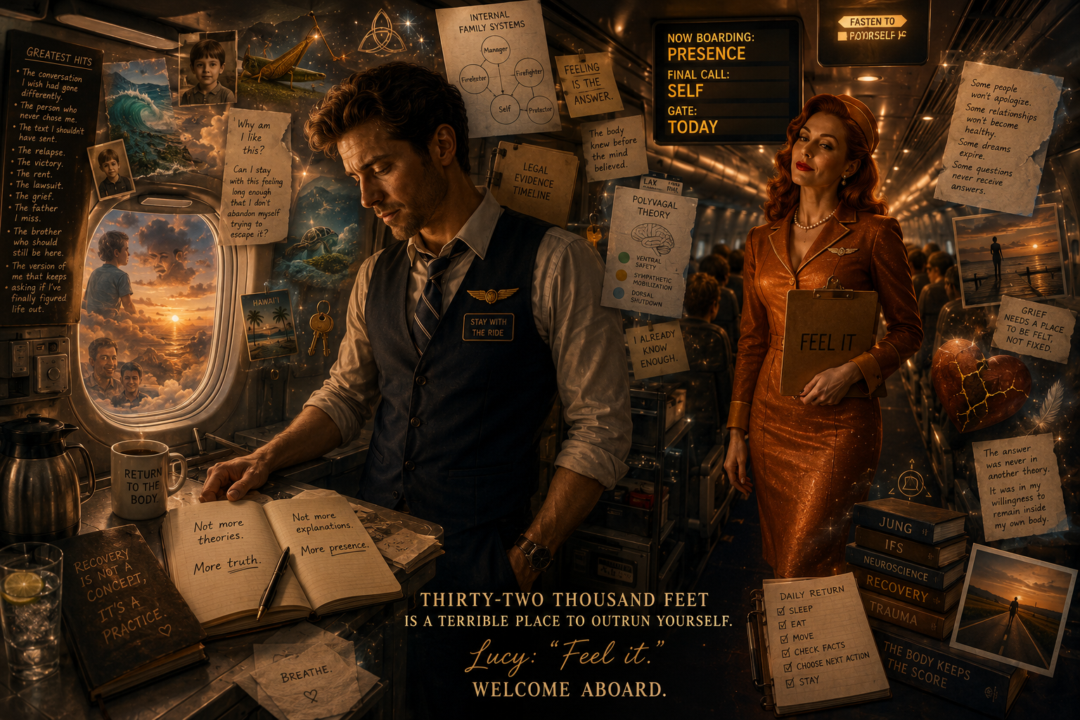A cinematic airplane galley scene with the narrator and copper-haired Lucy, surrounded by personal notes about recovery, presence, and the flight.