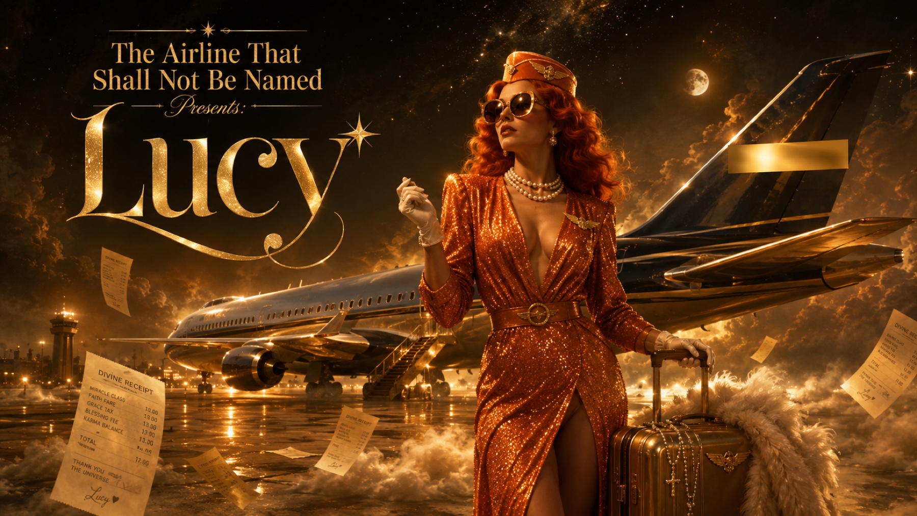Lucy poses on a nighttime runway beside an aircraft, departure signs, and scattered paperwork.