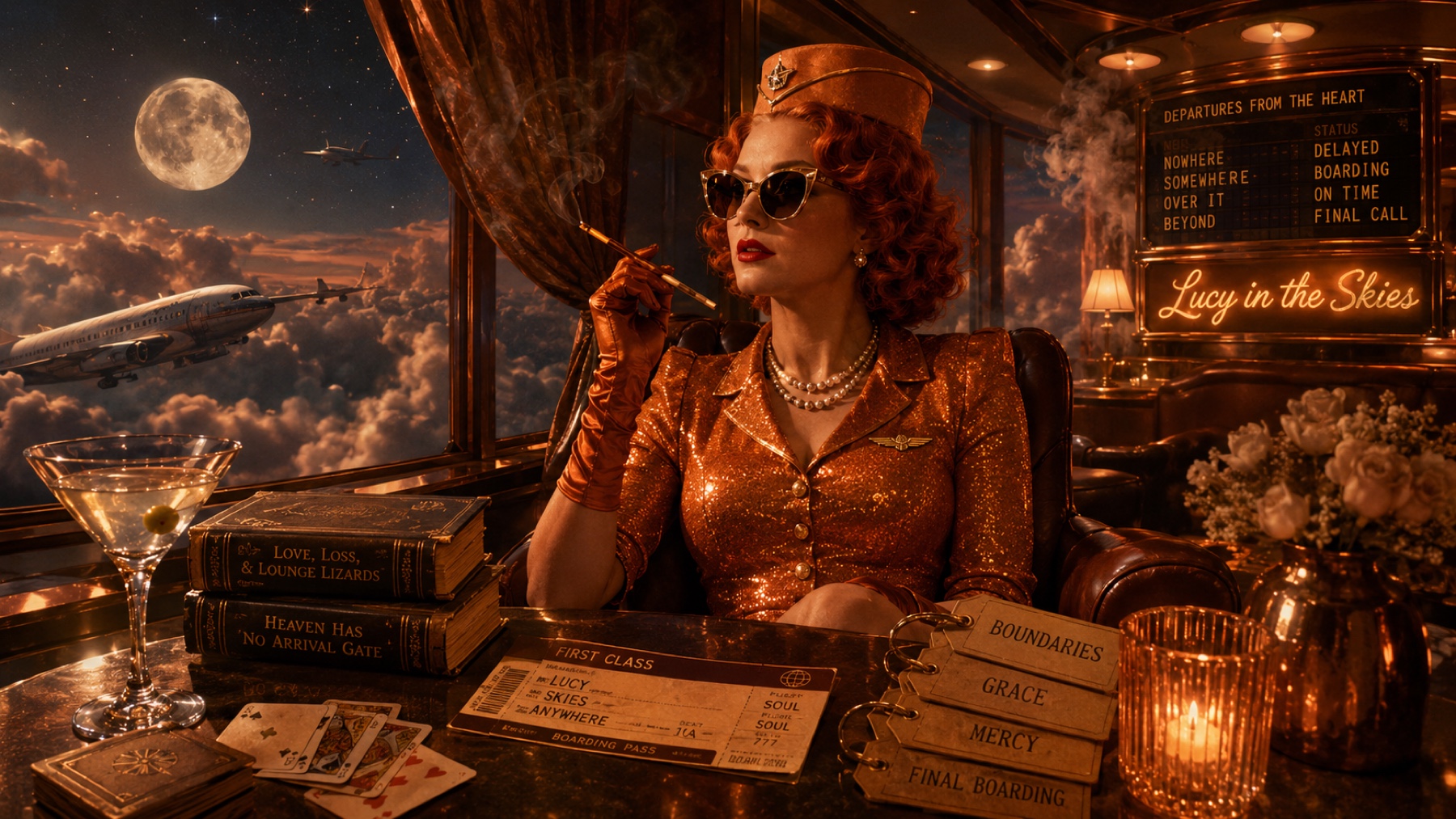Copper-haired Lucy aboard a celestial airship beneath the moon, surrounded by clouds and luggage.