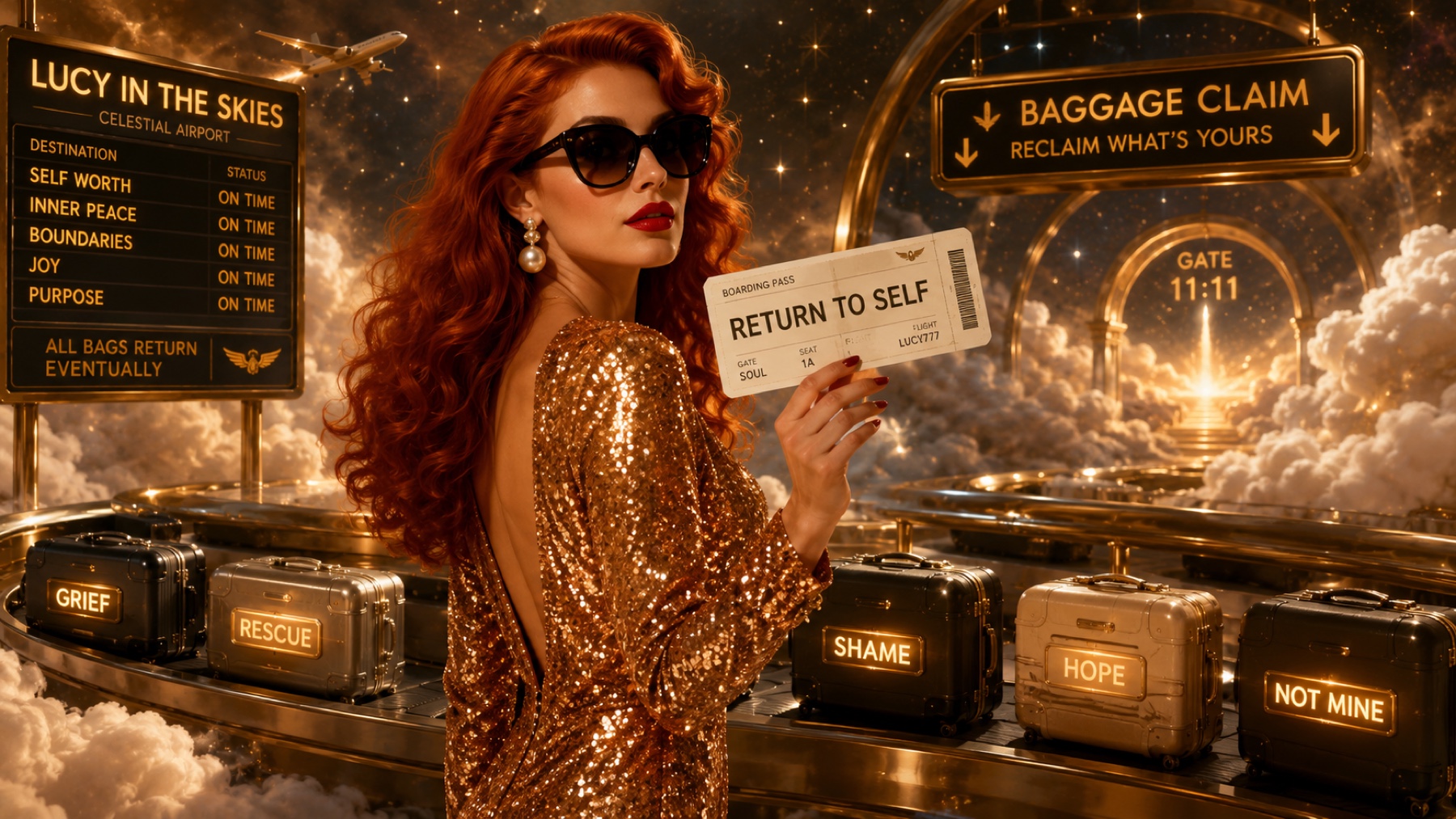 Lucy, dressed in copper sequins, holds a return-to-self ticket at a surreal baggage carousel in the clouds.
