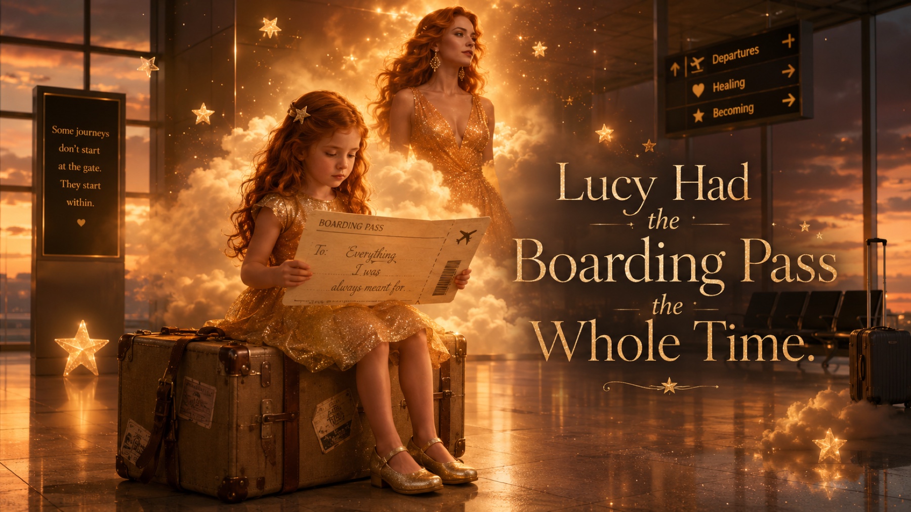 A younger Lucy sits on a suitcase holding a glowing boarding pass while her adult self appears in the clouds.