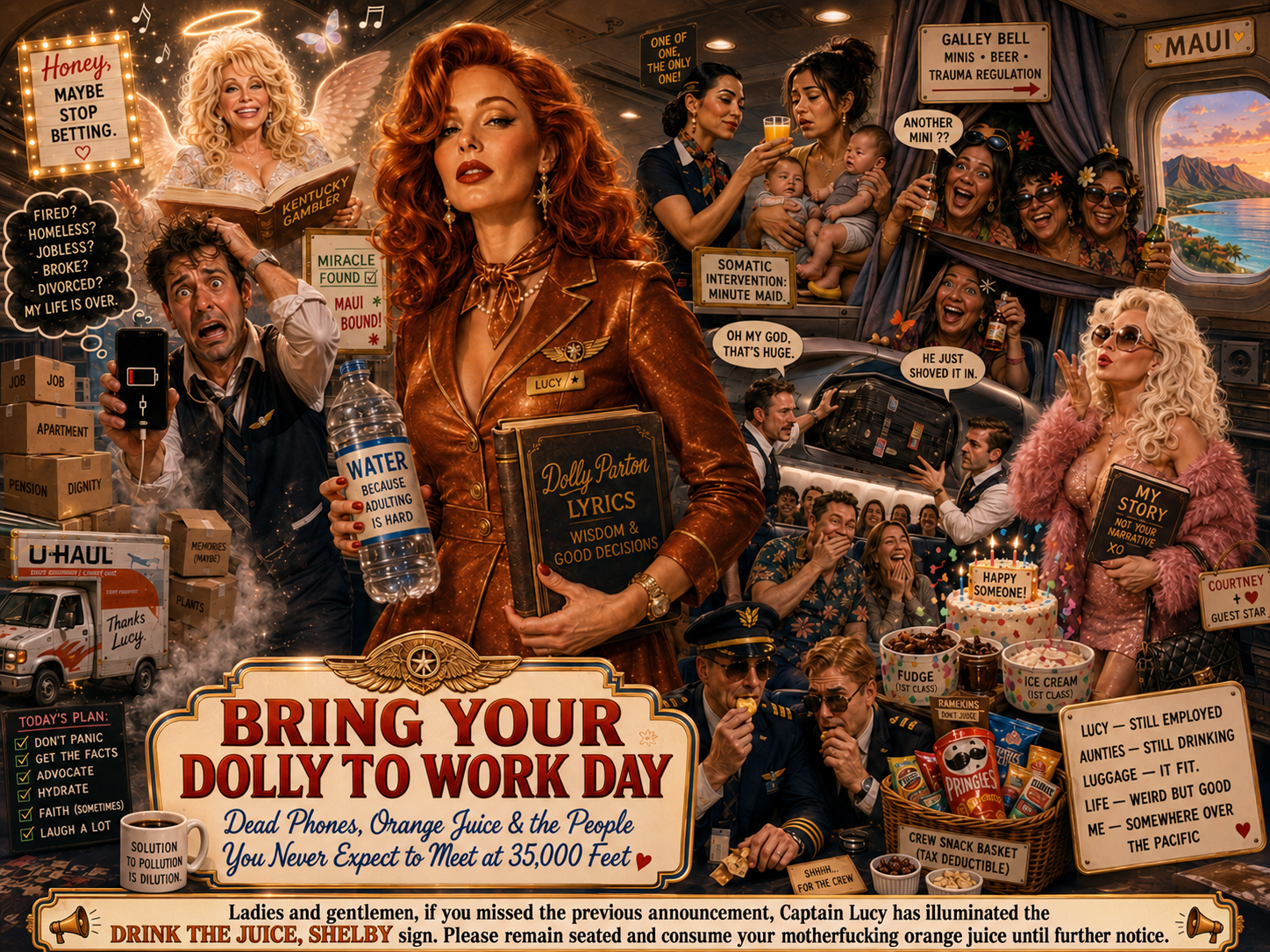 Captain Lucy in a copper uniform amid a comic airplane-cabin collage of Dolly Parton, orange juice, luggage, and Maui; the complete artwork includes the post title and Captain Lucy’s drink-the-juice announcement.