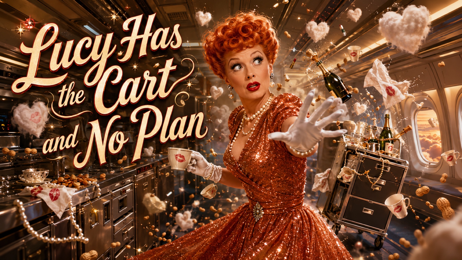 Lucy pushes a chaotic beverage cart through a glamorous airplane galley as cups and napkins fly.
