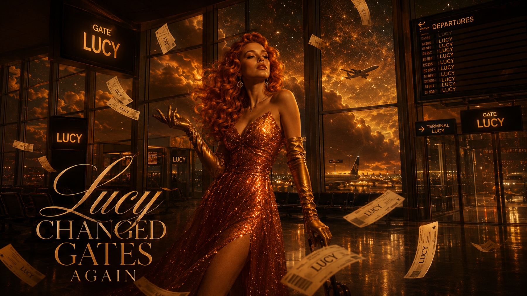 Lucy stands in a glowing terminal as papers whirl around a gate marked Lucy.