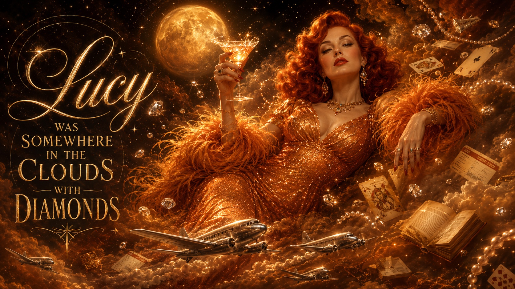 Lucy reclines among glowing clouds, diamonds, luggage, and a full moon.
