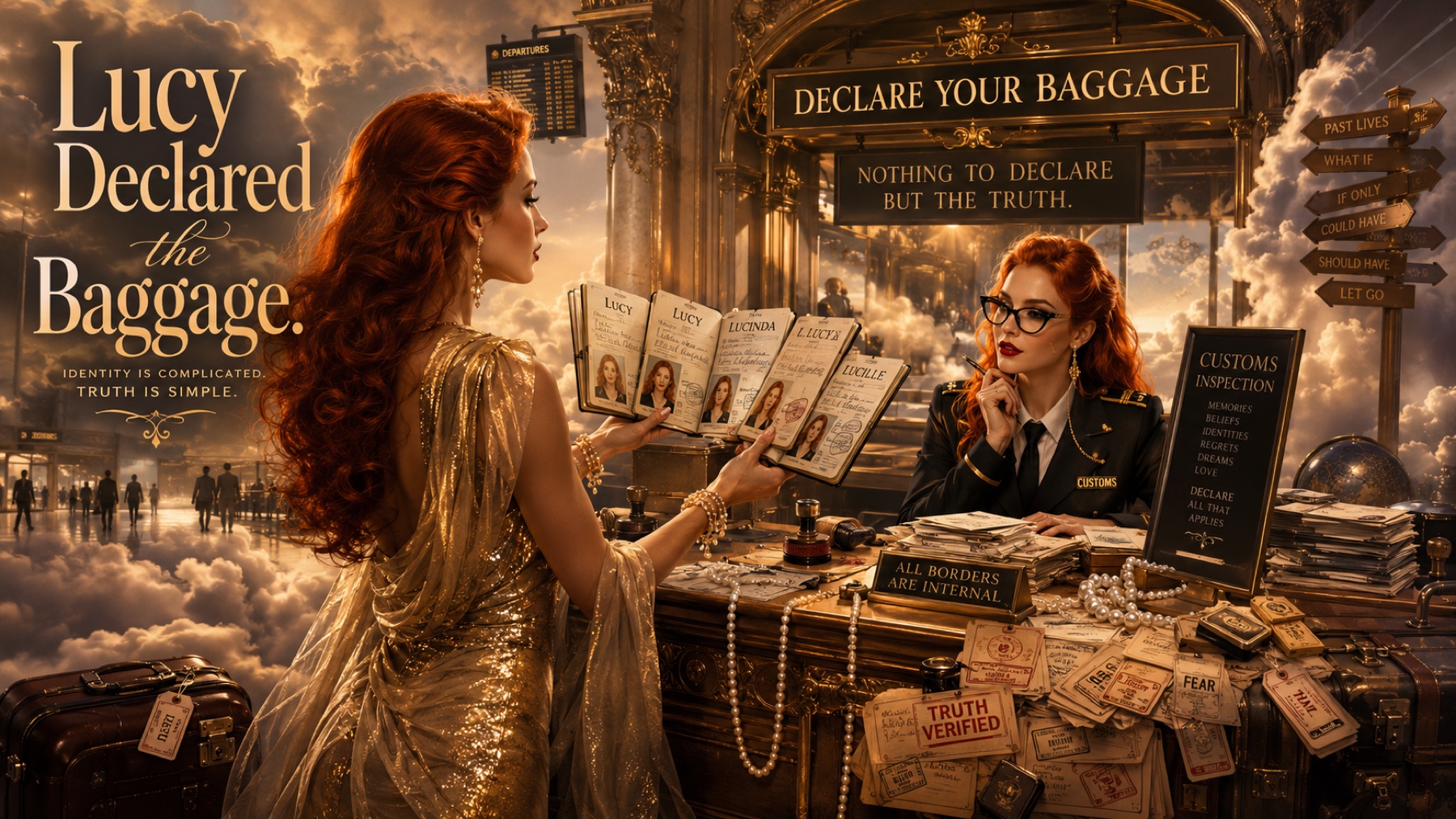 Lucy presents documents at a surreal customs desk surrounded by signs about truth and emotional baggage.
