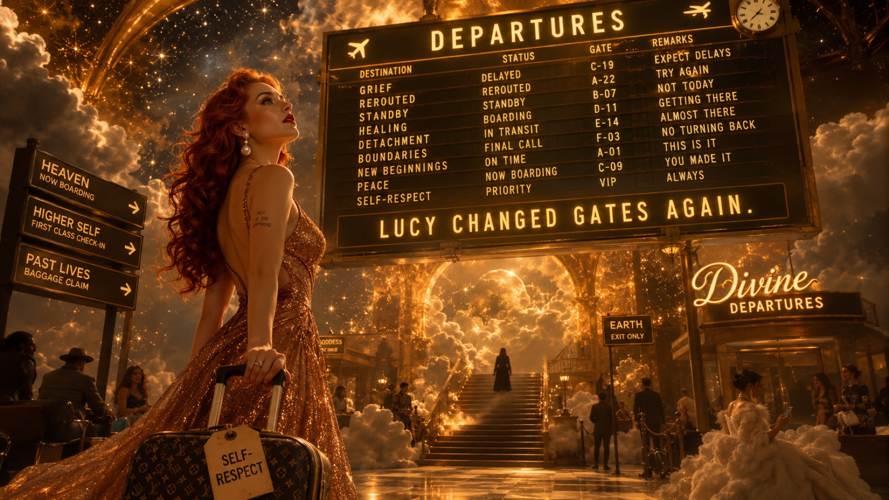 Lucy looks toward a celestial departure board listing grief, boundaries, healing, and self-respect.