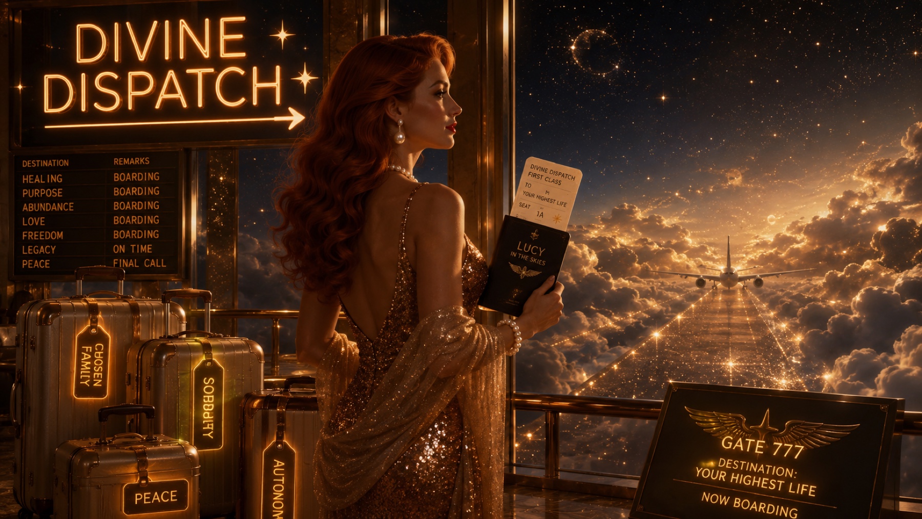 Lucy stands at a celestial departure gate surrounded by luggage labeled peace, autonomy, and boundaries.