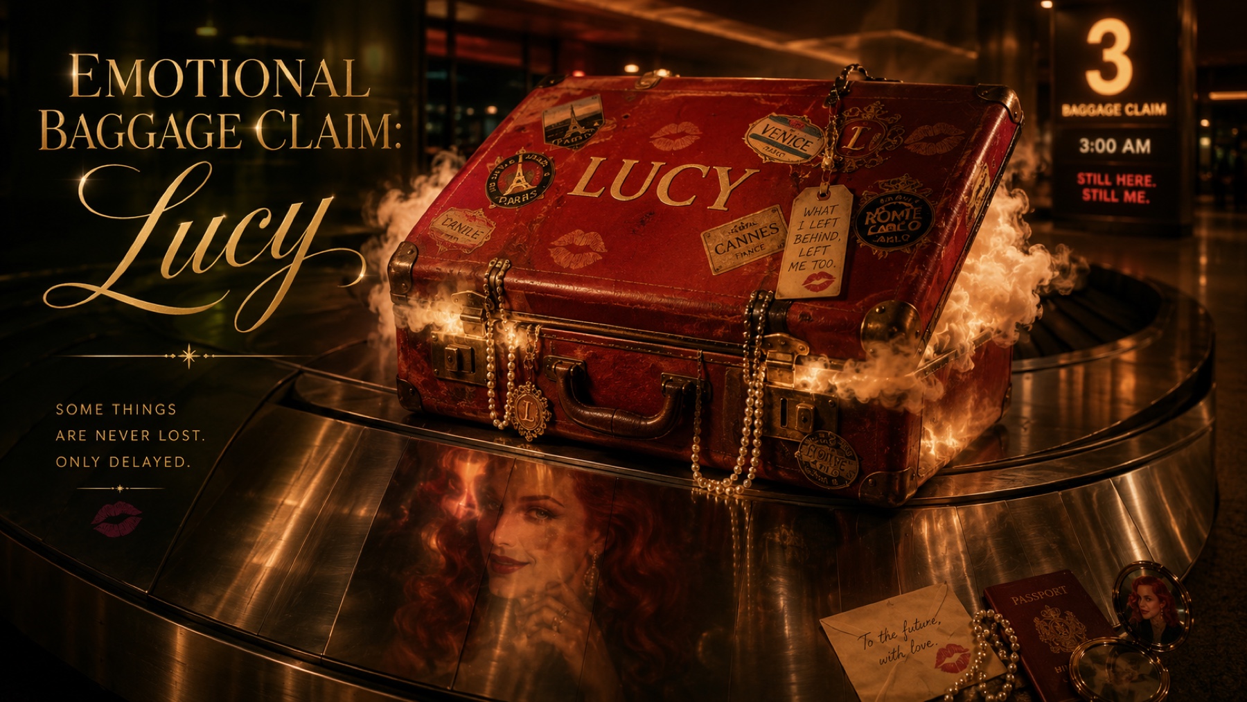 A red suitcase labeled Lucy circles a glowing baggage carousel beneath the words Emotional Baggage Claim.