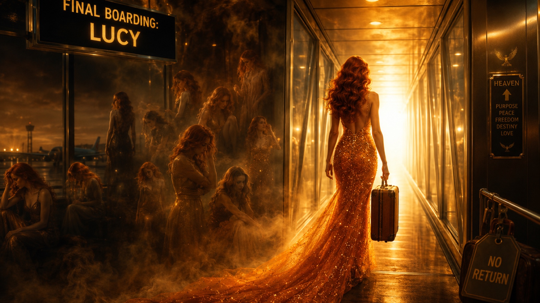 Lucy walks toward a radiant final boarding gate while ghostly travelers wait in the terminal.