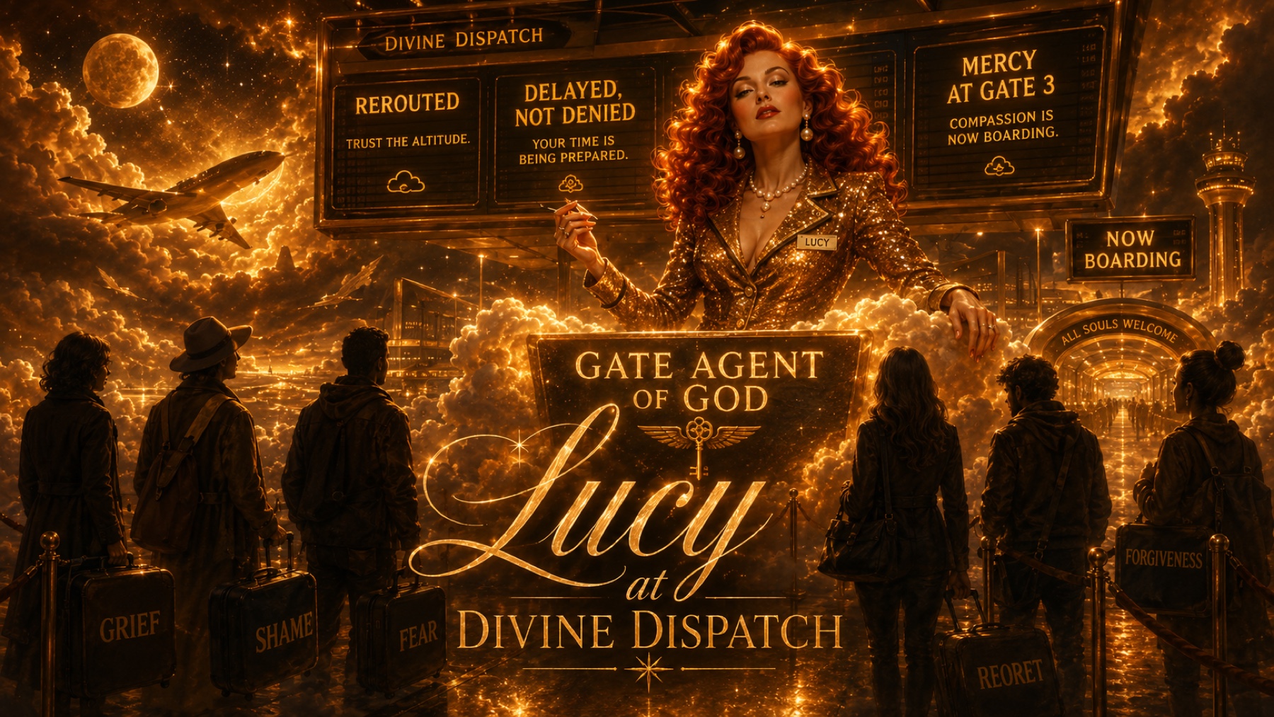 Lucy presides over a cosmic terminal beneath a sign reading Gate Agent of God at Divine Dispatch.