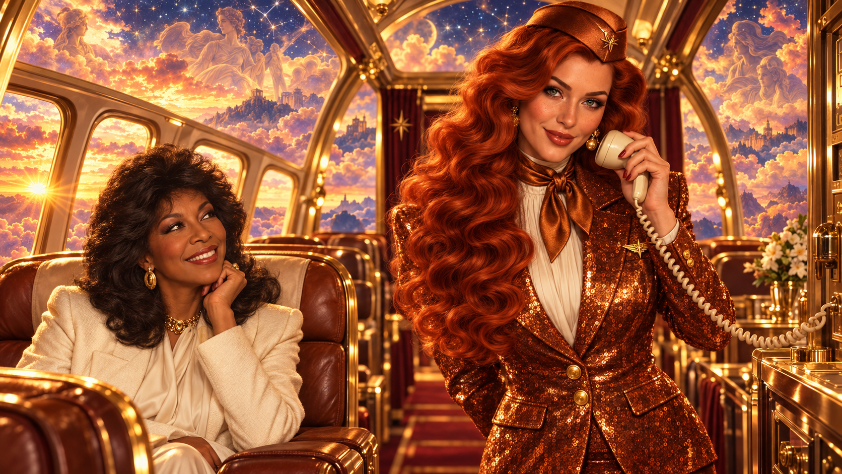 Imagined tribute: copper-haired Lucy makes an announcement beside Natalie Cole, seated as a passenger in a golden aircraft surrounded by celestial skies.