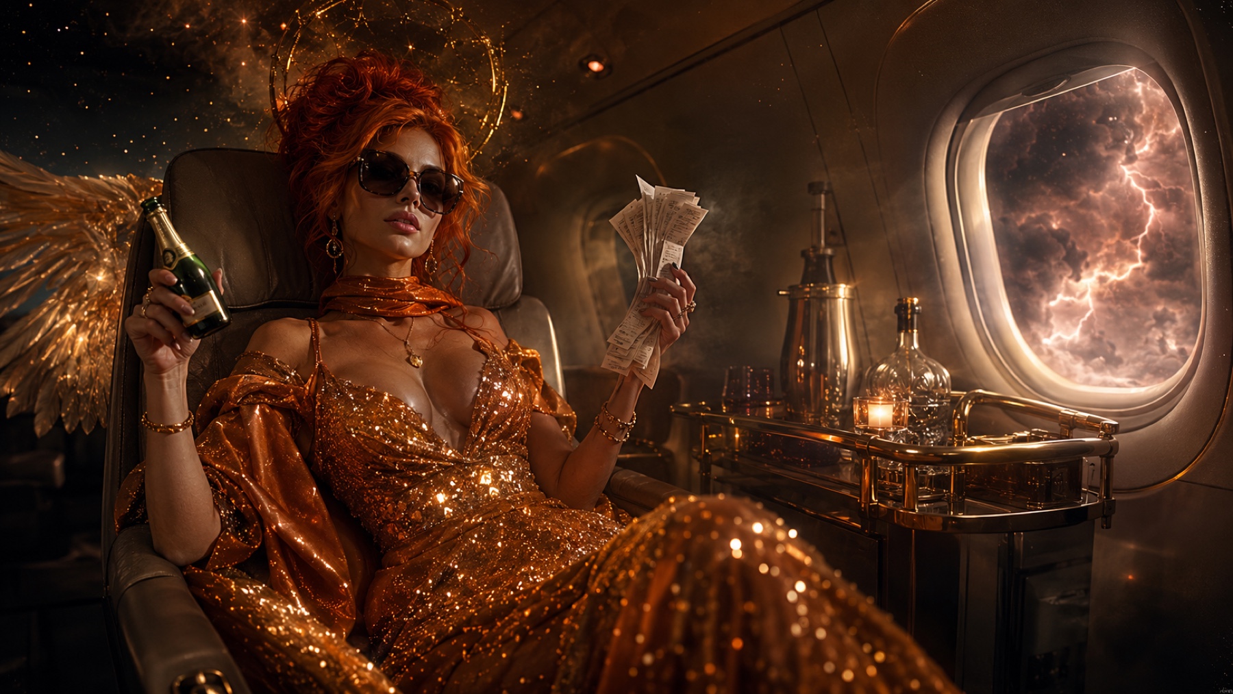 Lucy reclines in a luxurious airplane cabin in a copper gown as lightning glows outside the window.