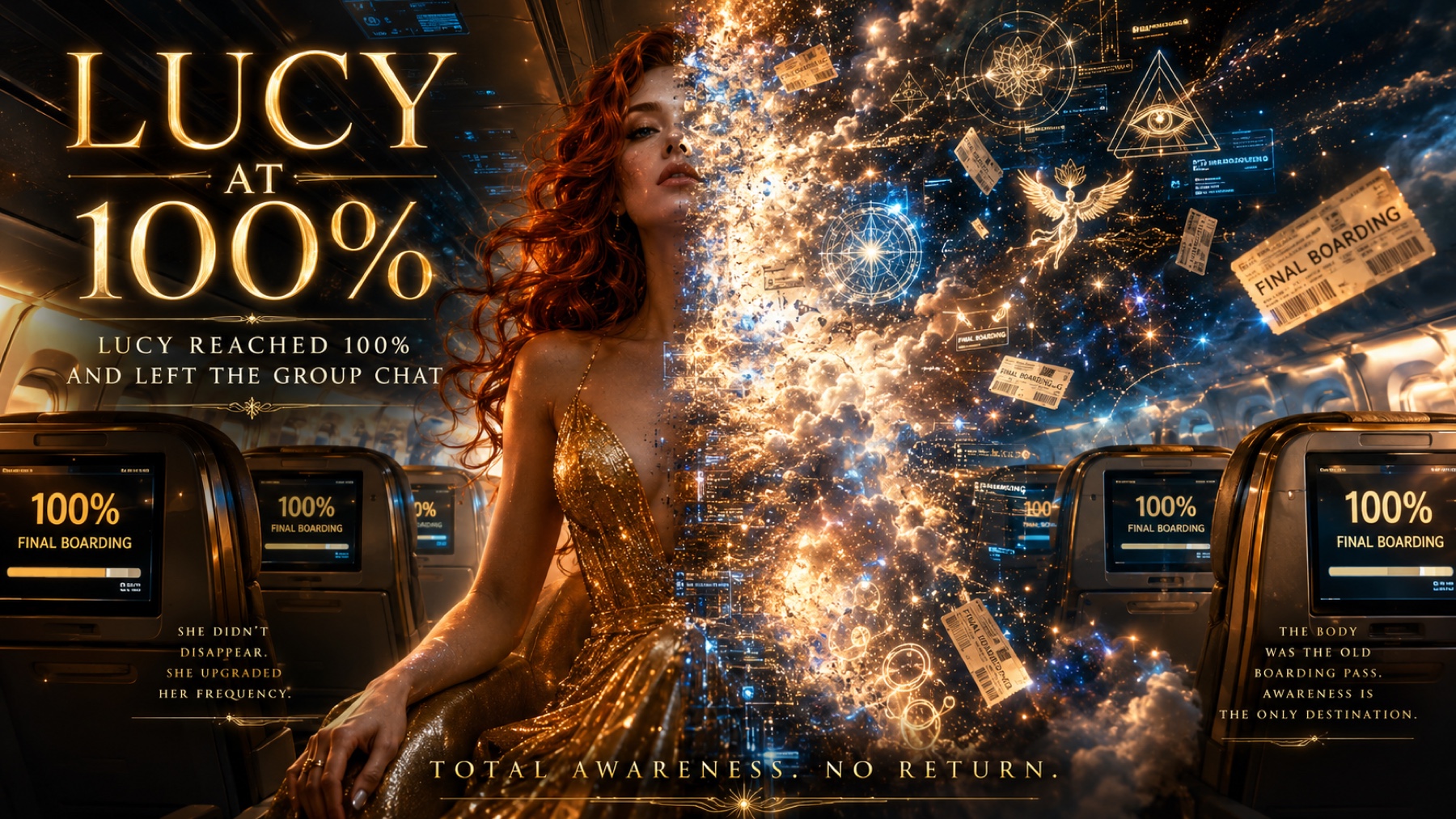Lucy stands beside glowing boarding displays reading 100 percent as cosmic light transforms around her.