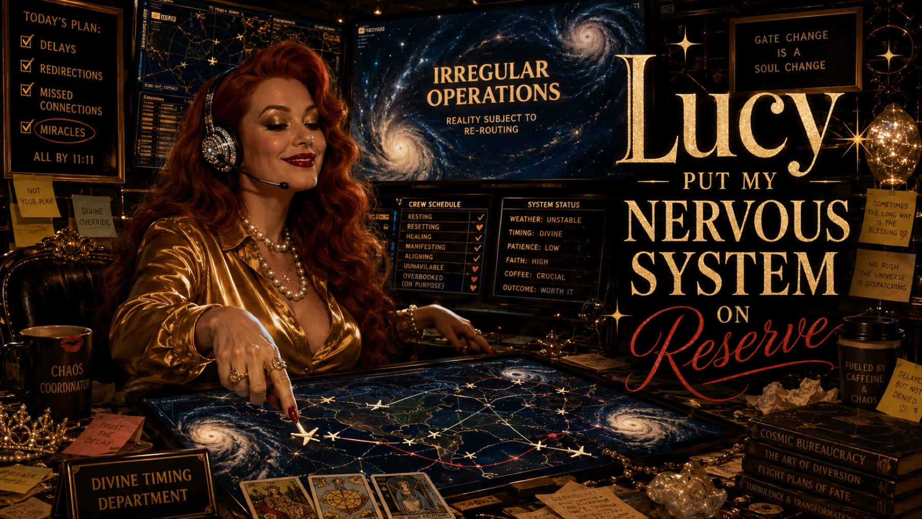 Lucy works at a cosmic irregular-operations desk covered with maps, tarot cards, and nervous-system notices.