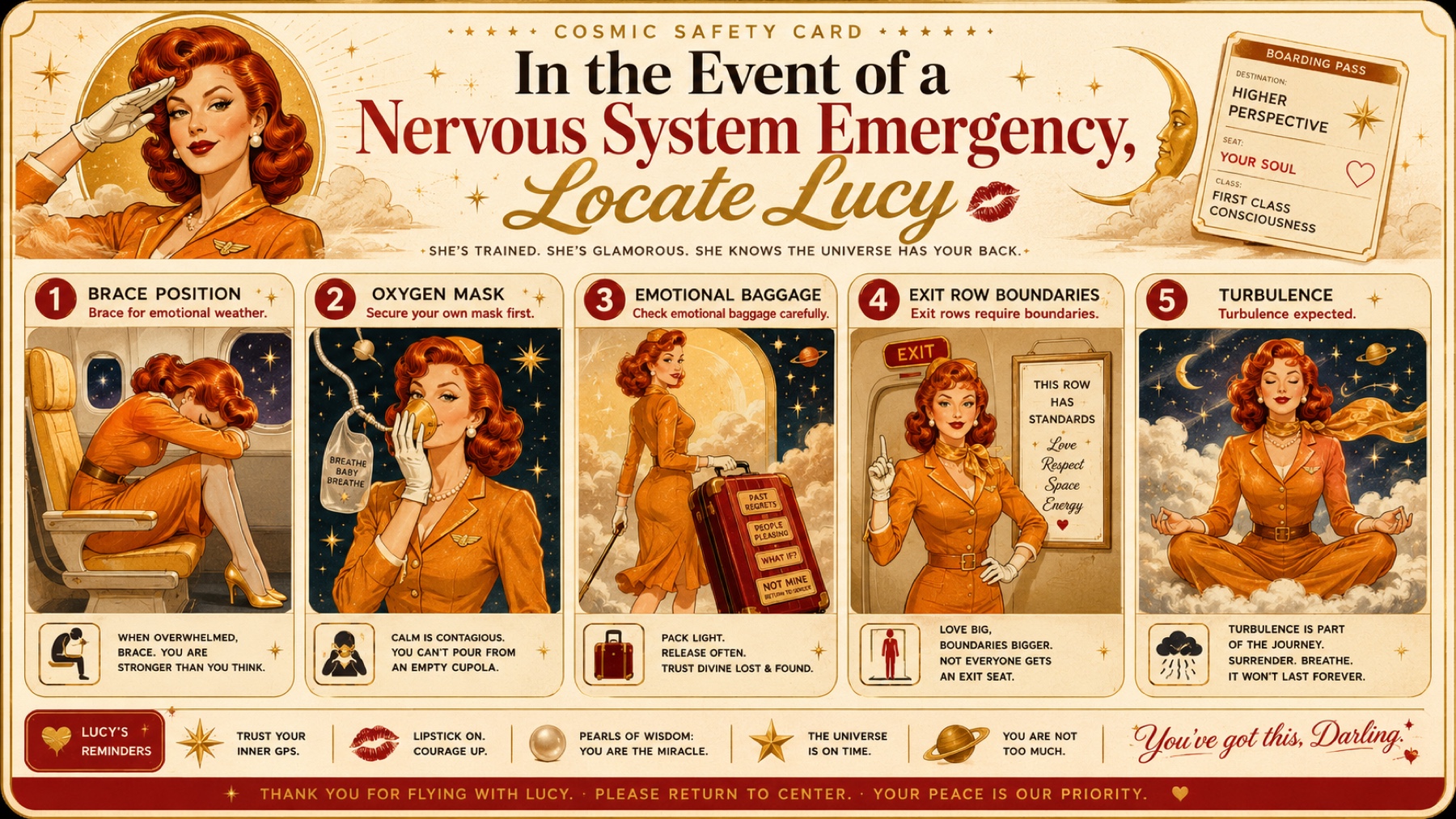 A retro cosmic airline safety card offers illustrated steps for locating Lucy during a nervous system emergency.
