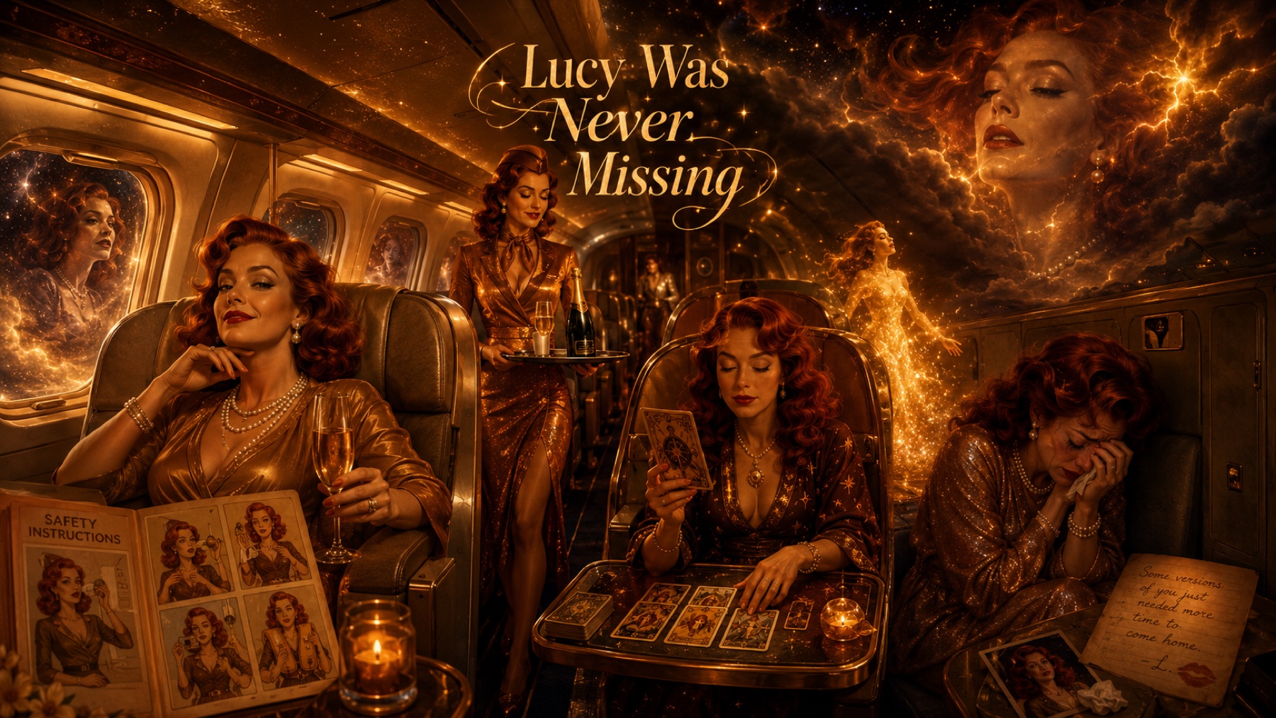 Multiple versions of Lucy gather in a luxurious night flight cabin beneath the words Lucy Was Never Missing.