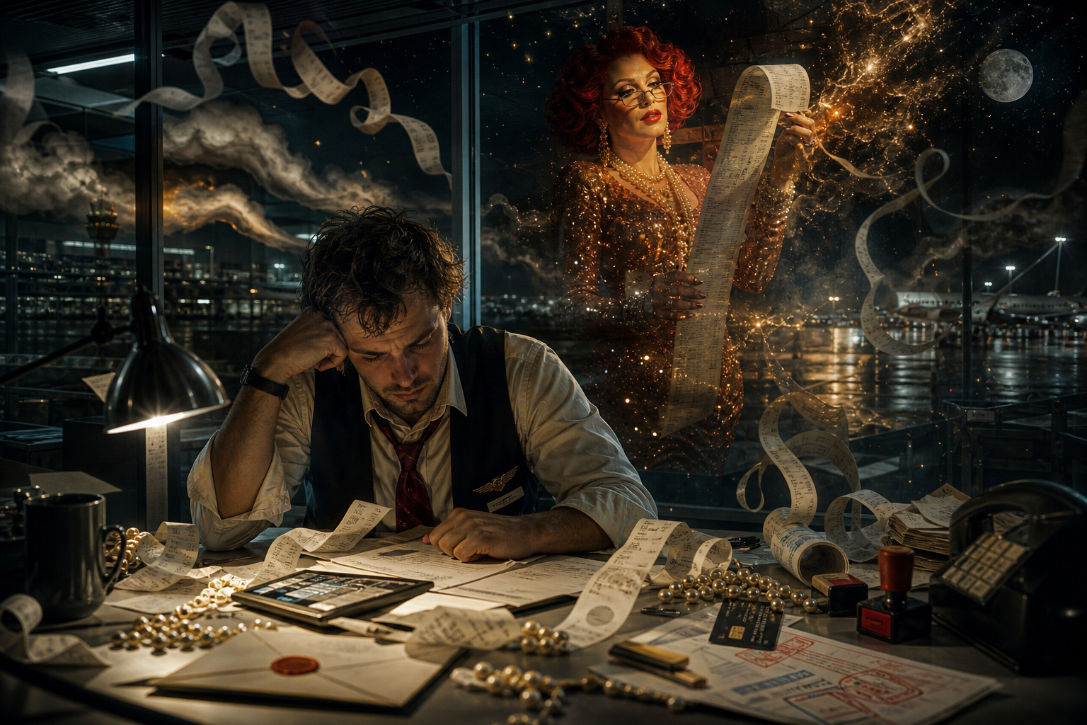 A traveler sits at an airport accounting desk while Lucy audits an endless celestial receipt beyond the terminal glass.