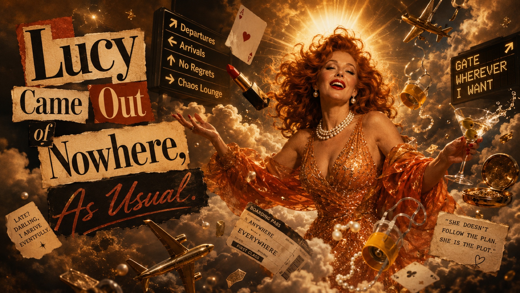 Laughing Lucy bursts through clouds, travel signs, luggage, and glowing scraps of paper.