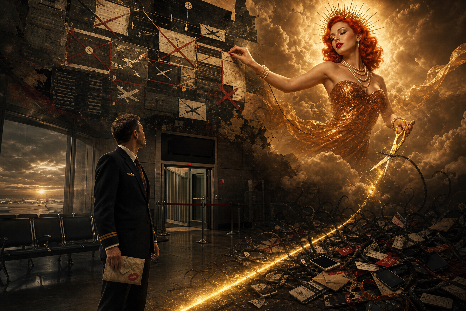 A traveler stands behind a glowing airport boundary while Lucy cuts a dark cord above the closed gate.