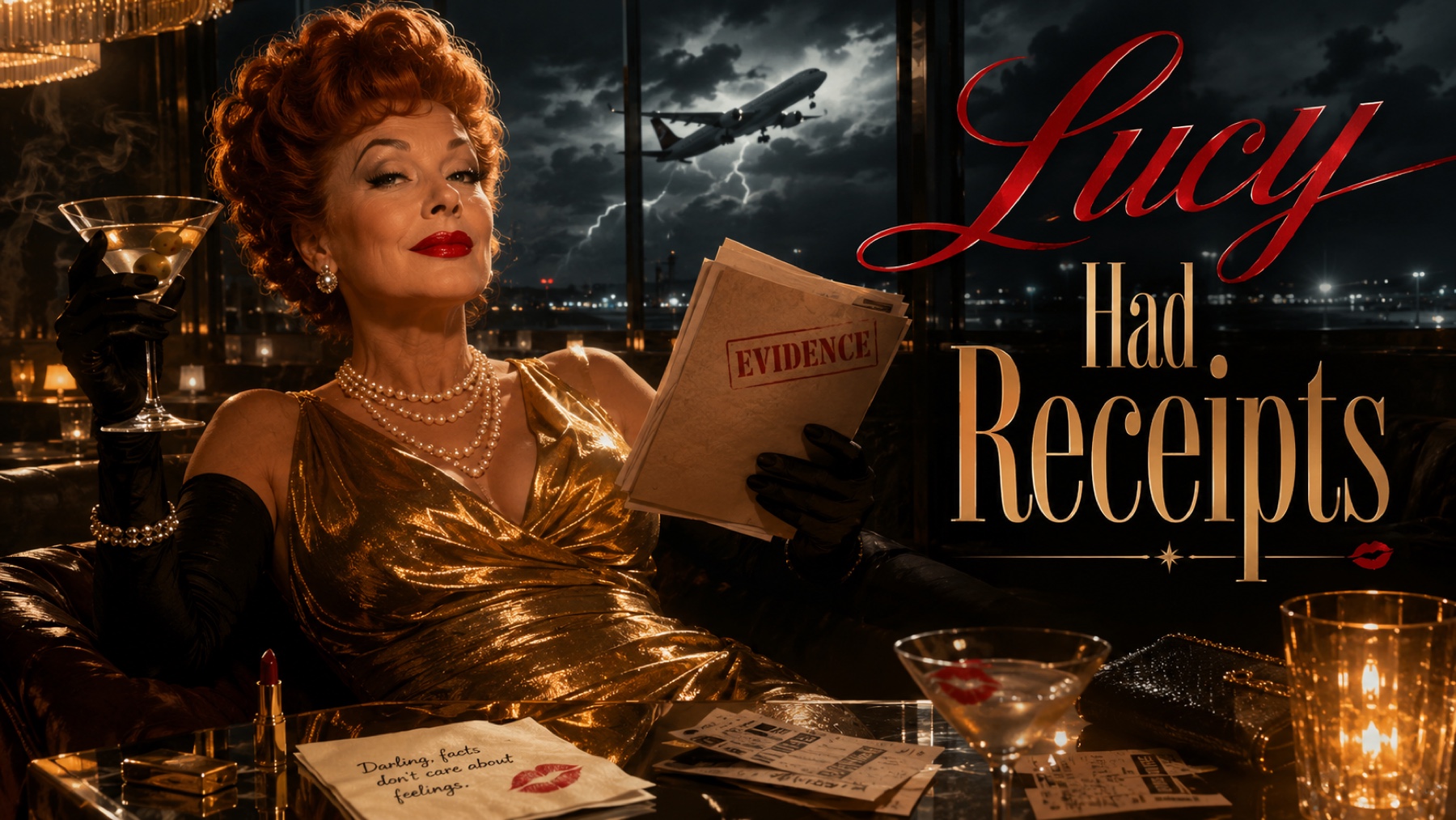 Lucy studies a folder marked evidence at a moody airport bar surrounded by receipts and martinis.