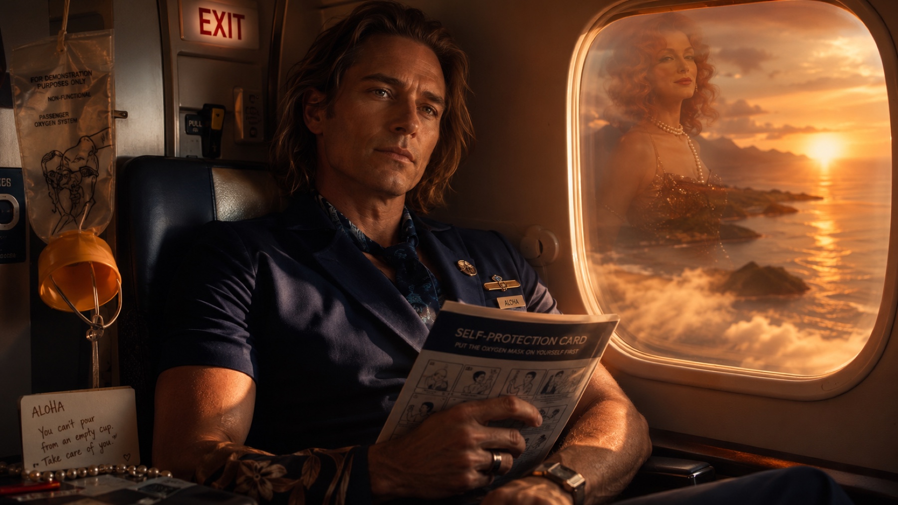 A male flight attendant sits by an airplane window reading a self-protection crew manual at sunset.