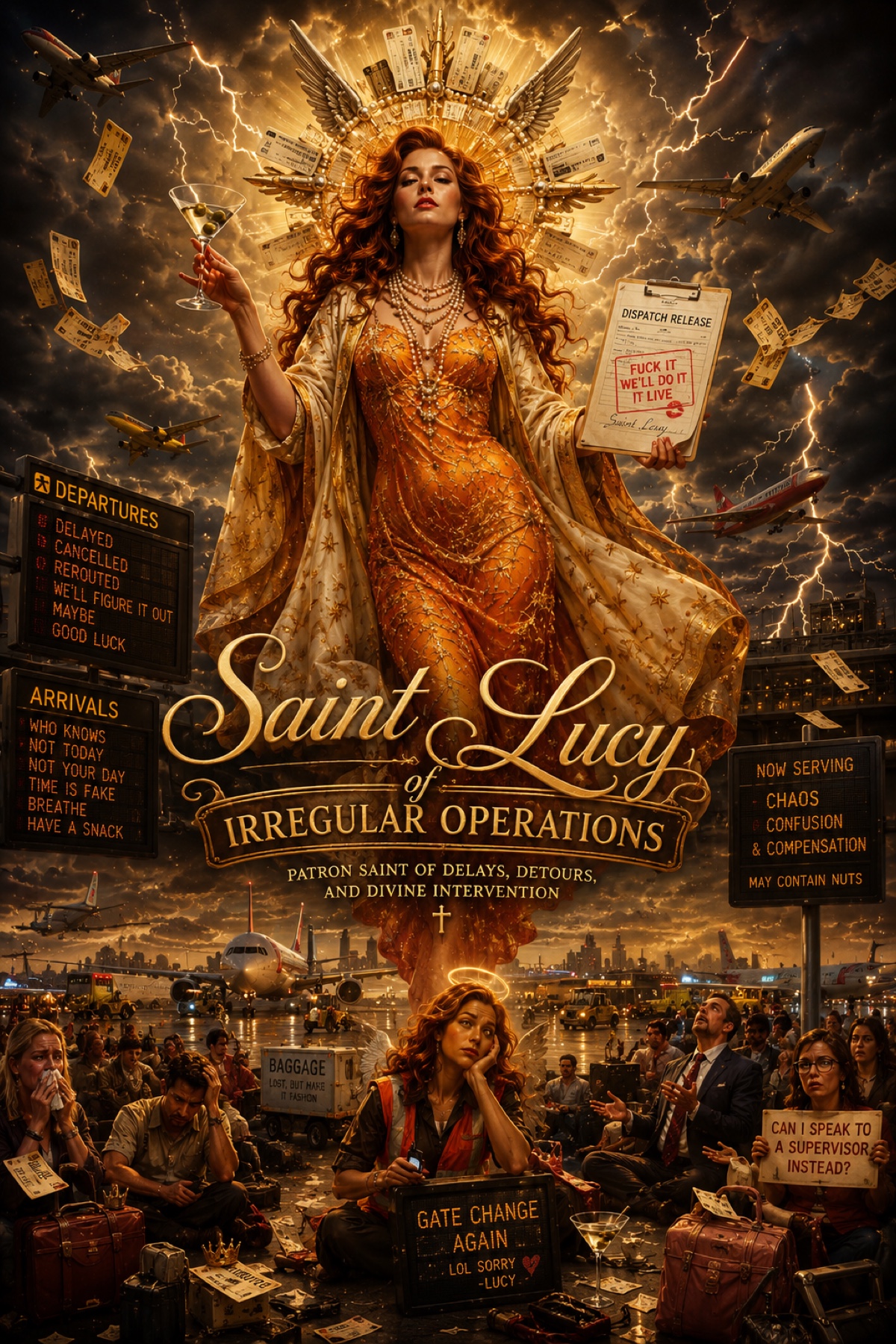 A saint-like Lucy towers over an airport scene in a radiant copper gown surrounded by irregular-operations notices.