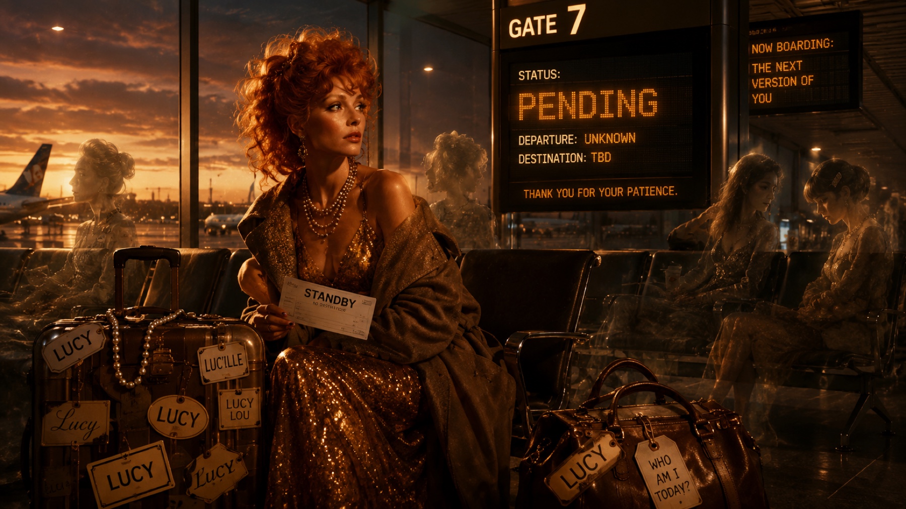 Lucy waits at an airport gate surrounded by luggage while a departure board says status pending.