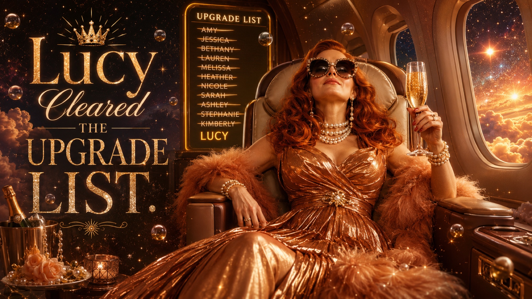 Lucy raises a glass in a glamorous first-class cabin beneath a sign announcing she cleared the upgrade list.