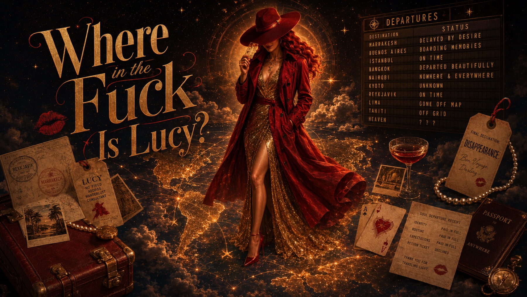 A glamorous red-haired woman in a red coat stands over a glowing map surrounded by travel papers and a departure board.